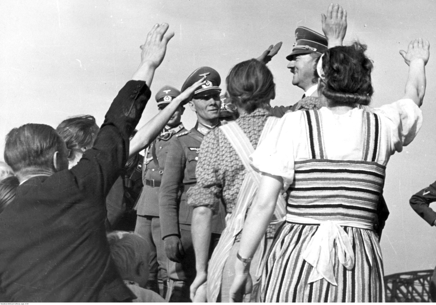 Adolf Hitler is welcomed by the German people at his arrival in Masłów's airfield, Poland